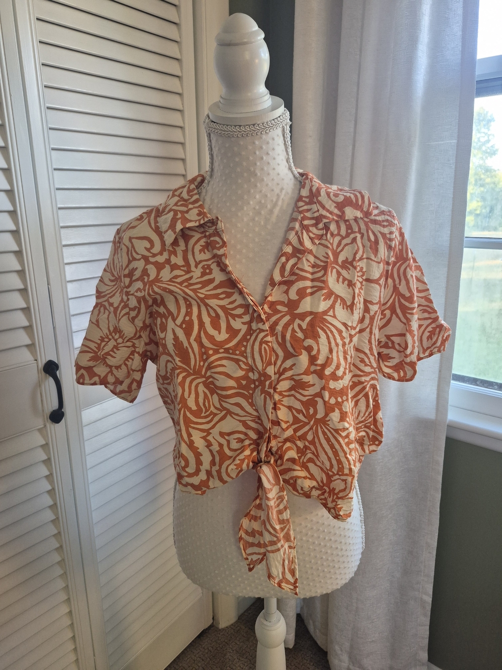 Joie Orange and Cream Floral Tie-Front Button Shirt